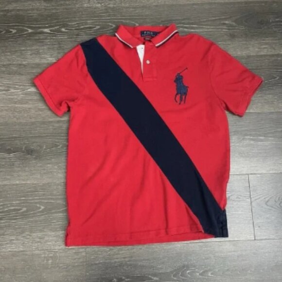 Polo Ralph Lauren Red Polo Shirt Medium Slim Rugby Big Blue Pony Colorblock - Picture 1 of 7